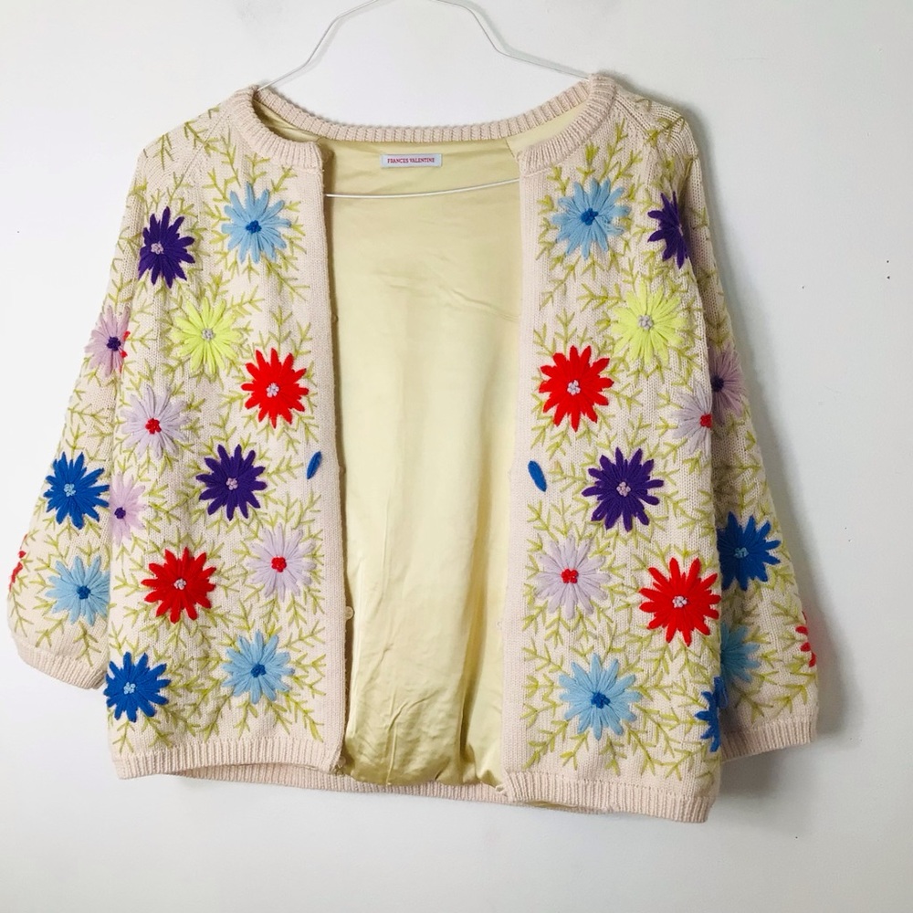 Frances Valentine vintage rare embroidered floral Cream Knit Cardigan medium